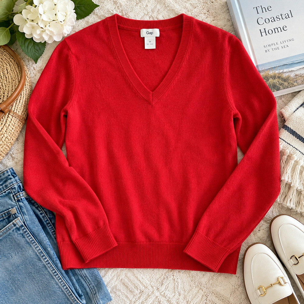 Gap Women’s M Red 100% Wool V-Neck Sweater Long Sleeve Classic Pullover